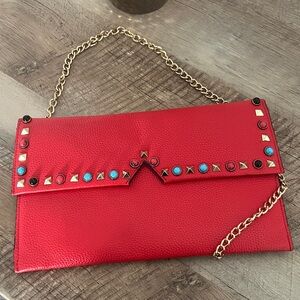 Sondra Roberts Red Stud & Turquoise Accent Chain Clutch